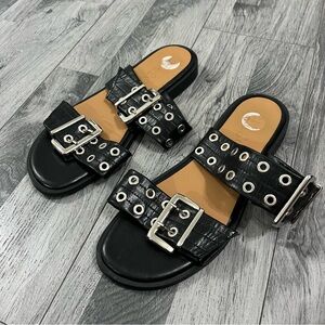 Giasone Genuine Leather Double Buckle Black Sandals Slides Women's Size 8 Shoes